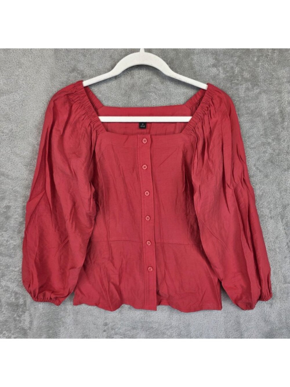 Ann Taylor Blouse Womens XS Red Square Neck Button Front Balloon Sleeve Top